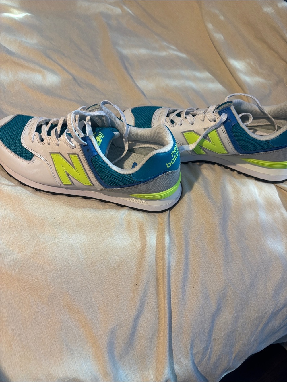 New Balance Teal, White & Yellow 574 men’s Athletic Sneakers - Picture 2 of 5
